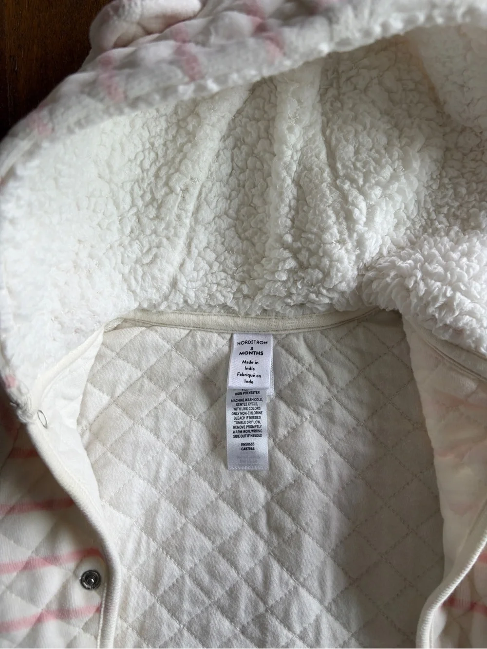Nordstrom Cream & Pink Quilted Hooded Footed One-Piece